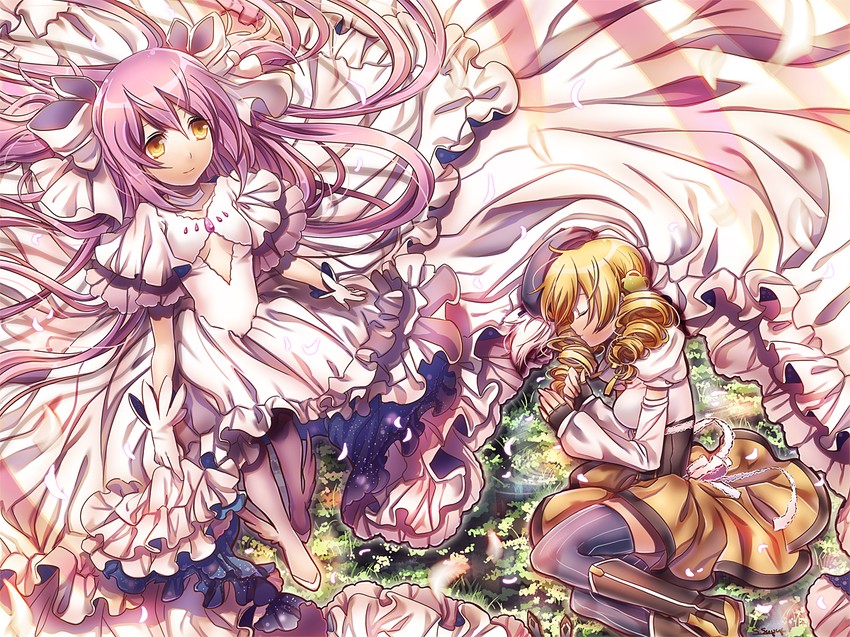 kaname madoka, tomoe mami, and ultimate madoka (mahou shoujo madoka magica) drawn by suou_sakura