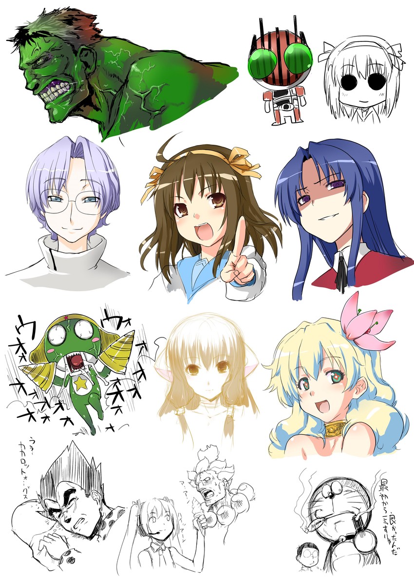 hatsune miku, suzumiya haruhi, nia teppelin, vegeta, doraemon, and 9 more (vocaloid and 13 more) drawn by denki_showgun