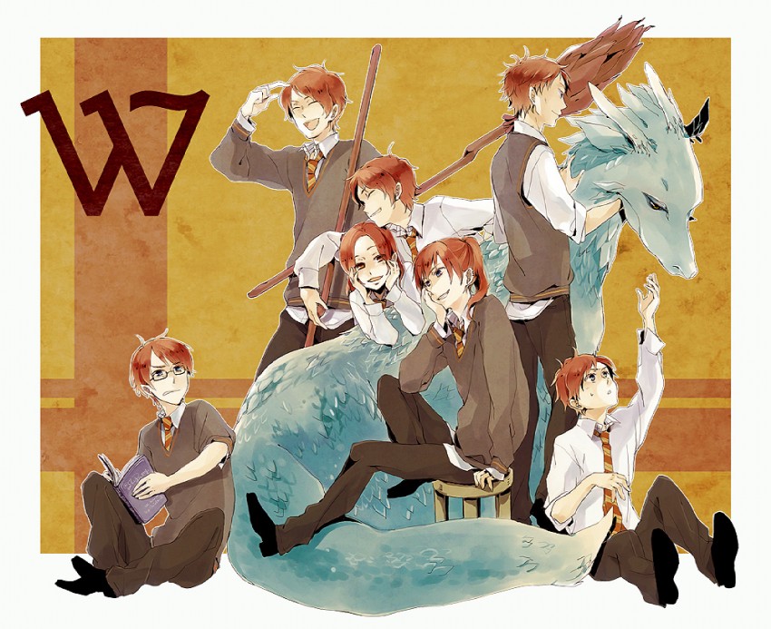 ron weasley, ginny weasley, fred weasley, george weasley, charlie weasley, and 2 more (wizarding world and 1 more) drawn by childlock
