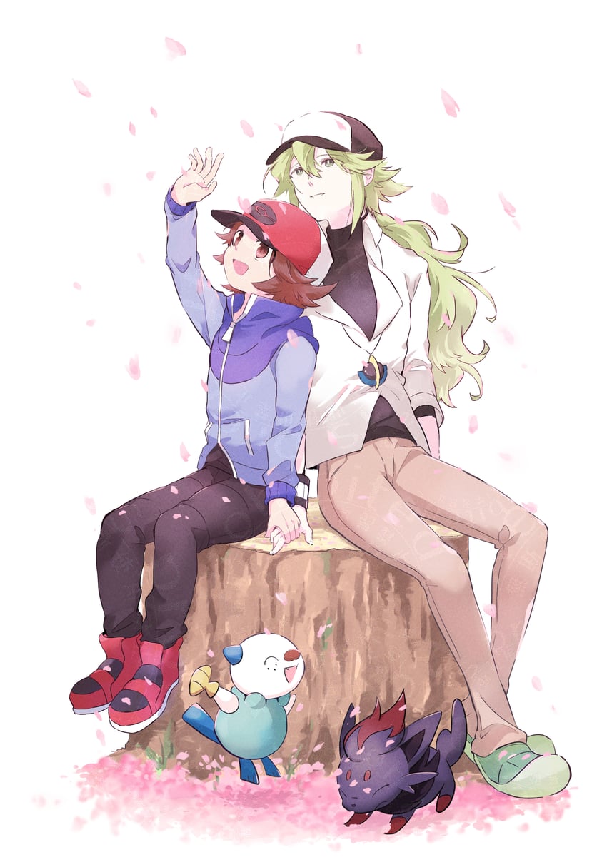 hilbert, n, oshawott, and zorua (pokemon and 1 more) drawn by tarai_(yamadarairai)