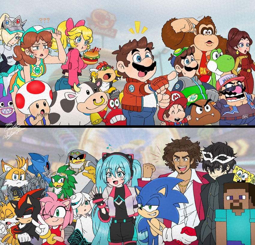 hatsune miku, princess peach, mario, sonic the hedgehog, amamiya ren, and 29 more (vocaloid and 13 more) drawn by chris-thekid