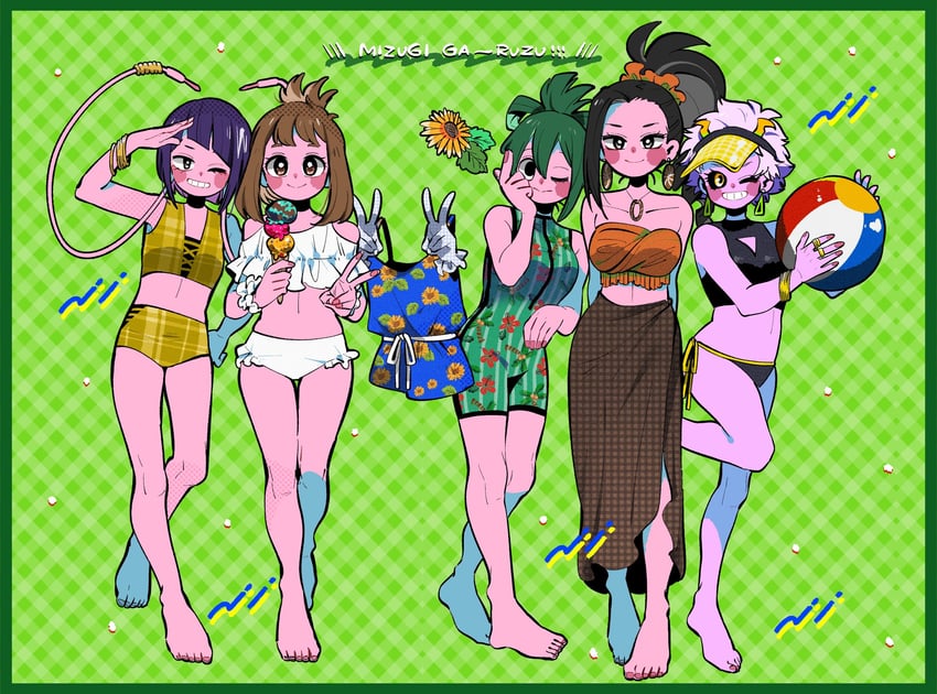 uraraka ochaco, asui tsuyu, yaoyorozu momo, ashido mina, jiro kyoka, and 1 more (boku no hero academia) drawn by anna_(aannnaa3)