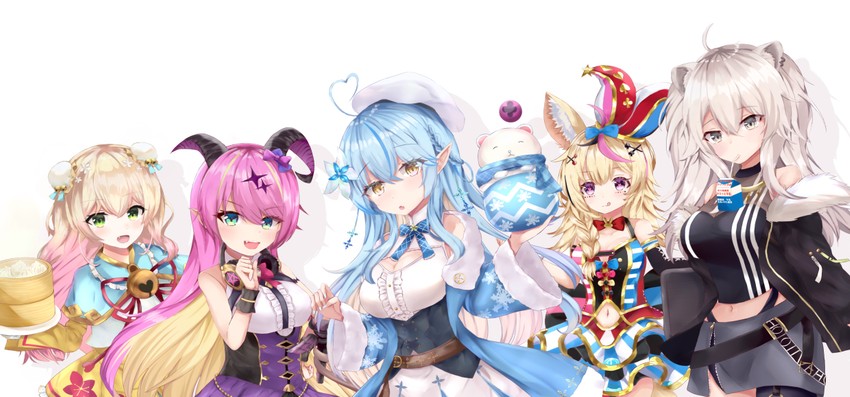 yukihana lamy, shishiro botan, omaru polka, momosuzu nene, daifuku, and 1 more (hololive) drawn by mizuki_haruka