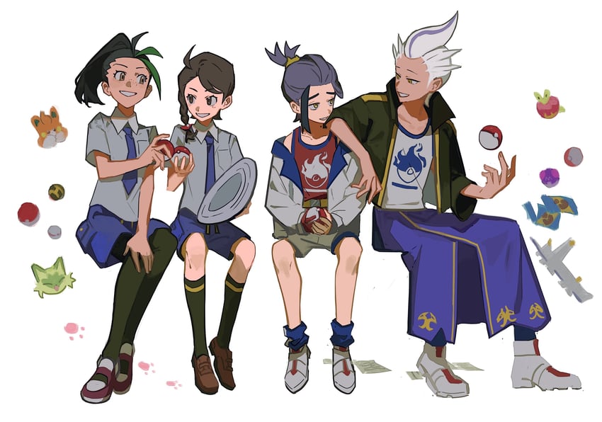 kieran, juliana, sprigatito, nemona, applin, and 2 more (pokemon and 1 more) drawn by denoia