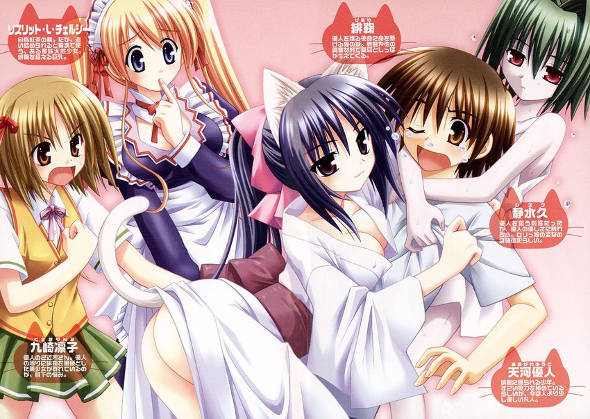 noihara himari, shizuku, lizlett l. chelsie, kuzaki rinko, and amakawa yuuto (omamori himari) drawn by matra_milan