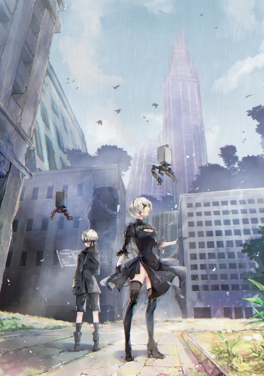 2b, 9s, and pod (nier and 1 more) drawn by soramichi_megumu