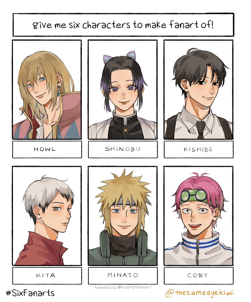 kochou shinobu, howl pendragon, kishibe, namikaze minato, koby, and 1 more (one piece and 5 more) drawn by thesameeyekiwi