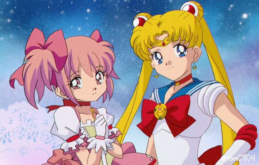 kaname madoka, tsukino usagi, and sailor moon (mahou shoujo madoka magica and 1 more) drawn by tam_(tam0804)
