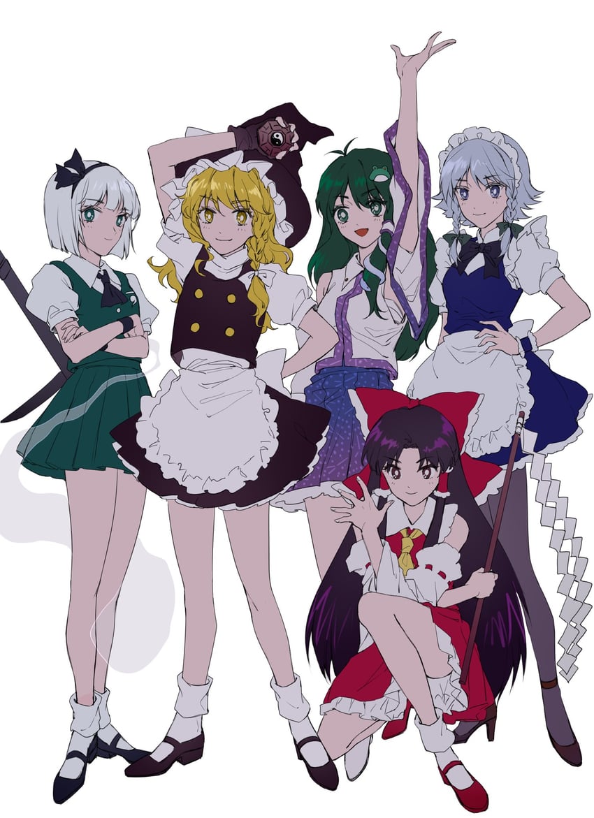 hakurei reimu, kirisame marisa, izayoi sakuya, kochiya sanae, and konpaku youmu (touhou and 1 more) drawn by aihara-rina