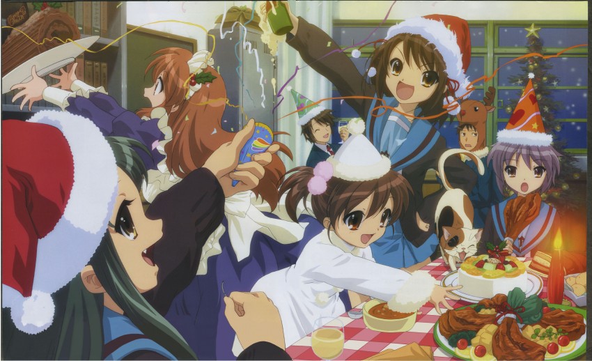 suzumiya haruhi, nagato yuki, asahina mikuru, kyon, koizumi itsuki, and 3 more (suzumiya haruhi no yuuutsu)