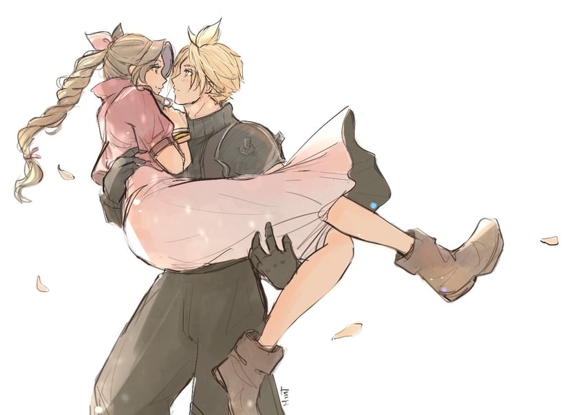 cloud strife and aerith gainsborough (final fantasy and 2 more) drawn by papermint_tea