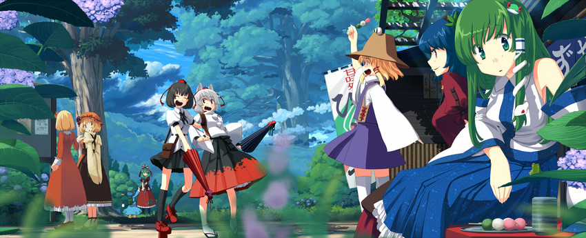 kochiya sanae, shameimaru aya, inubashiri momiji, moriya suwako, kawashiro nitori, and 4 more (touhou and 1 more) drawn by takuzui