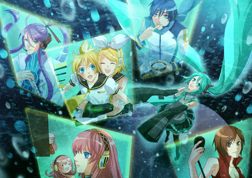 hatsune miku, kagamine rin, kagamine len, megurine luka, kaito, and 3 more (vocaloid and 1 more) drawn by midorigawa_akari