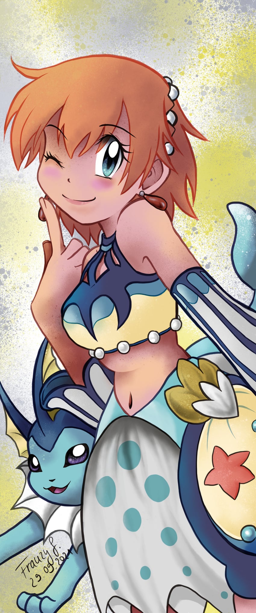 misty and vaporeon (pokemon and 1 more) drawn by miyatoriaka