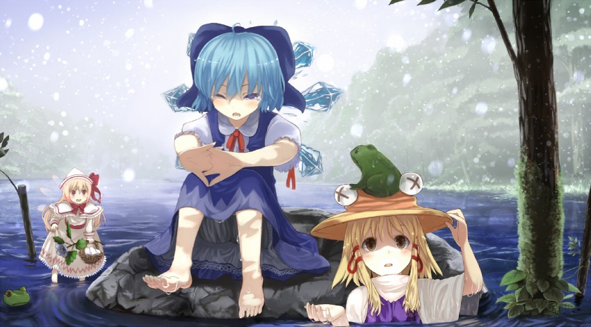 cirno, moriya suwako, and lily white (touhou) drawn by ochau