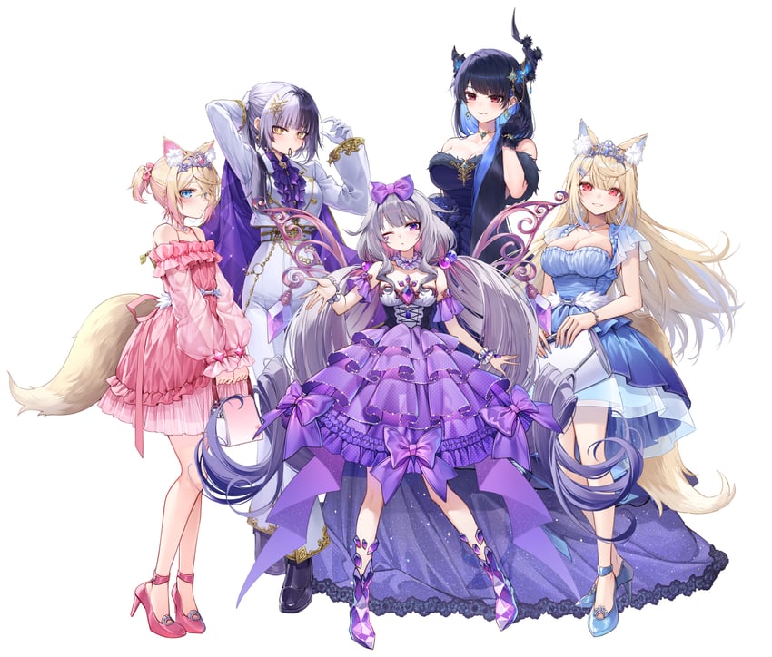 shiori novella, nerissa ravencroft, fuwawa abyssgard, mococo abyssgard, and koseki bijou (hololive and 1 more) drawn by curry_bowl