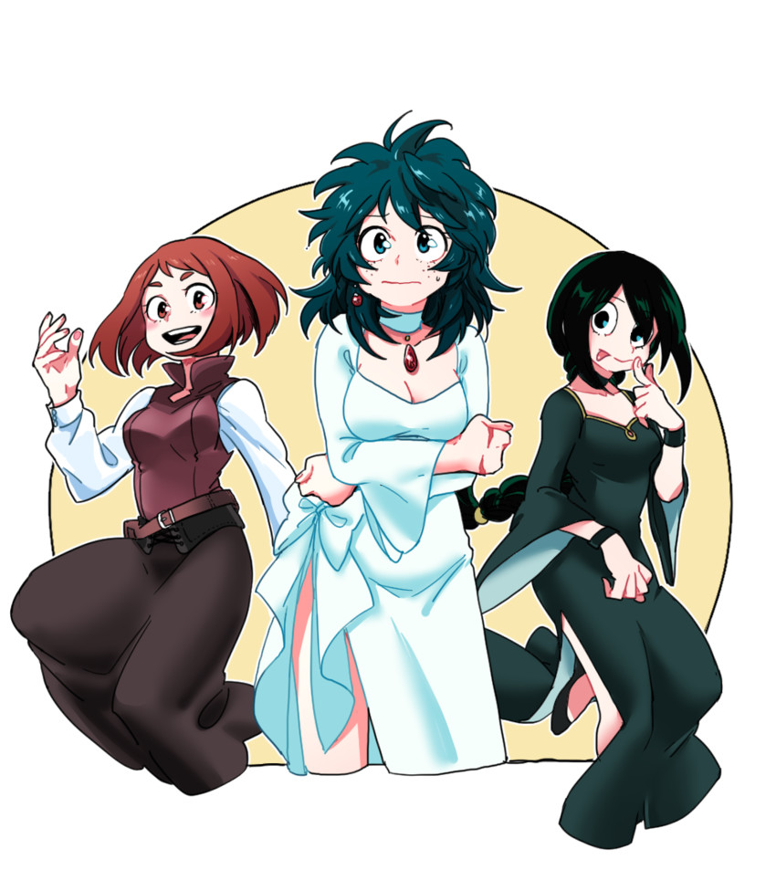 midoriya izuku, uraraka ochaco, and asui tsuyu (boku no hero academia) drawn by silver_(silverstar)
