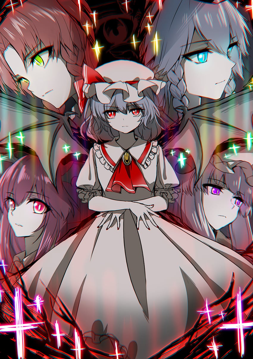 remilia scarlet, izayoi sakuya, patchouli knowledge, hong meiling, and koakuma (touhou) drawn by kinese_(katasutorohu)