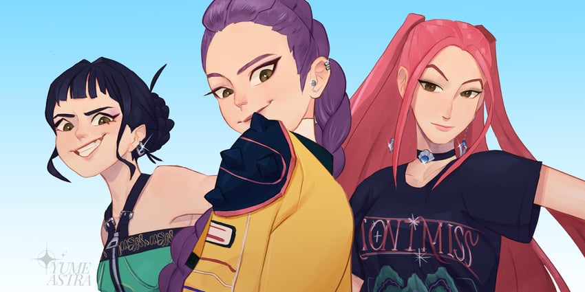 rumi, zoey, and mira (kpop demon hunters) drawn by yume_astra