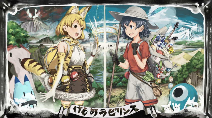 serval, kaban, common raccoon, fennec, lucky beast, and 1 more (kemono friends) drawn by shiba_(siva_ryo)