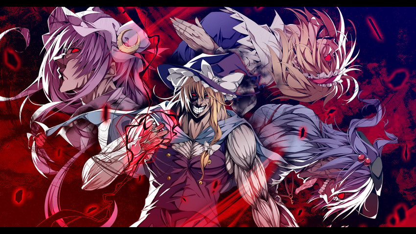 kirisame marisa, alice margatroid, patchouli knowledge, and kawashiro nitori (touhou) drawn by sakurame