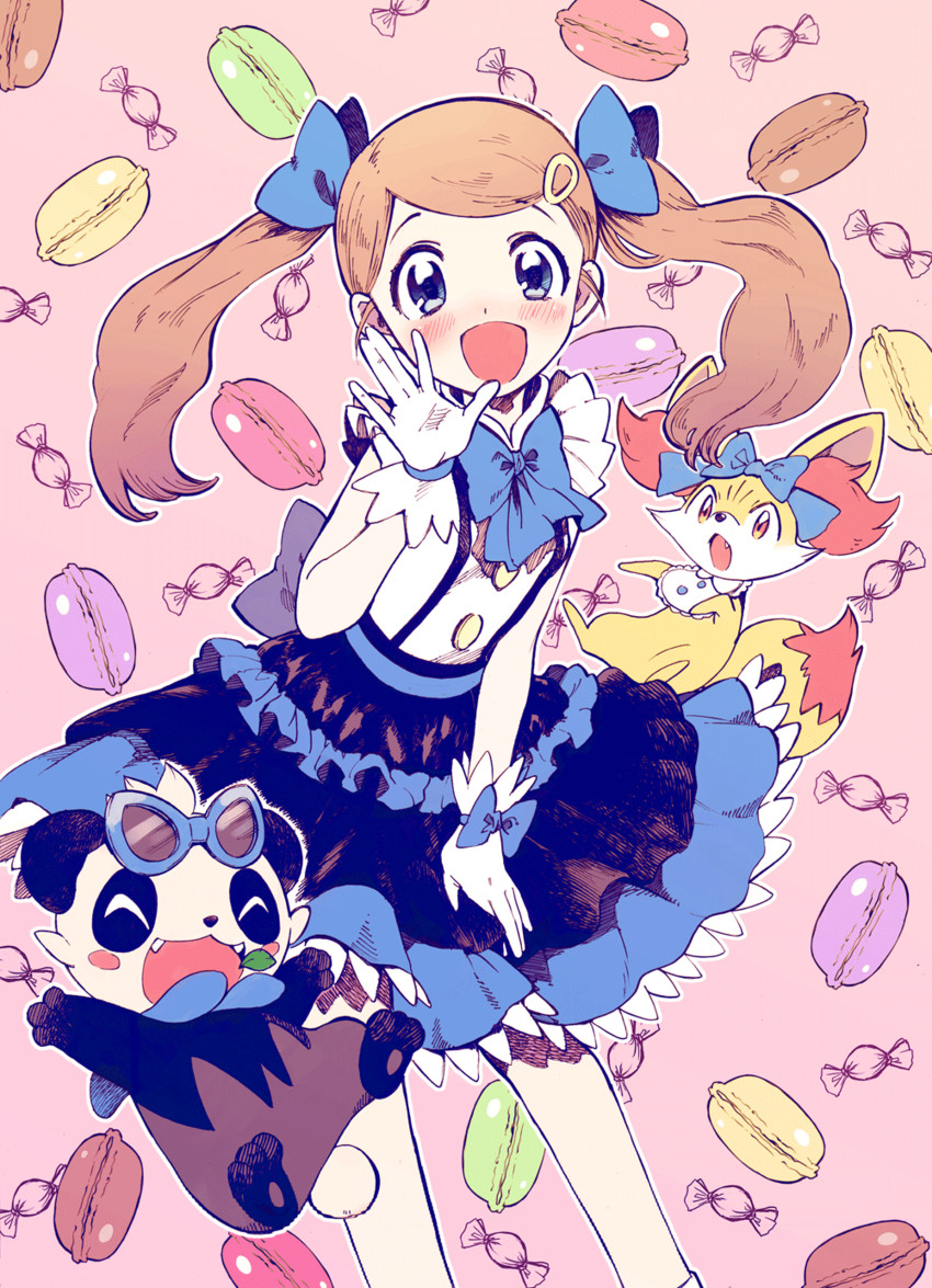 serena, fennekin, and pancham (pokemon and 1 more) drawn by amezawa_koma