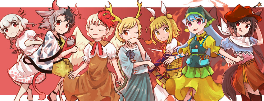 kicchou yachie, kurokoma saki, haniyasushin keiki, niwatari kutaka, joutouguu mayumi, and 2 more (touhou and 1 more) drawn by donki_(yeah)