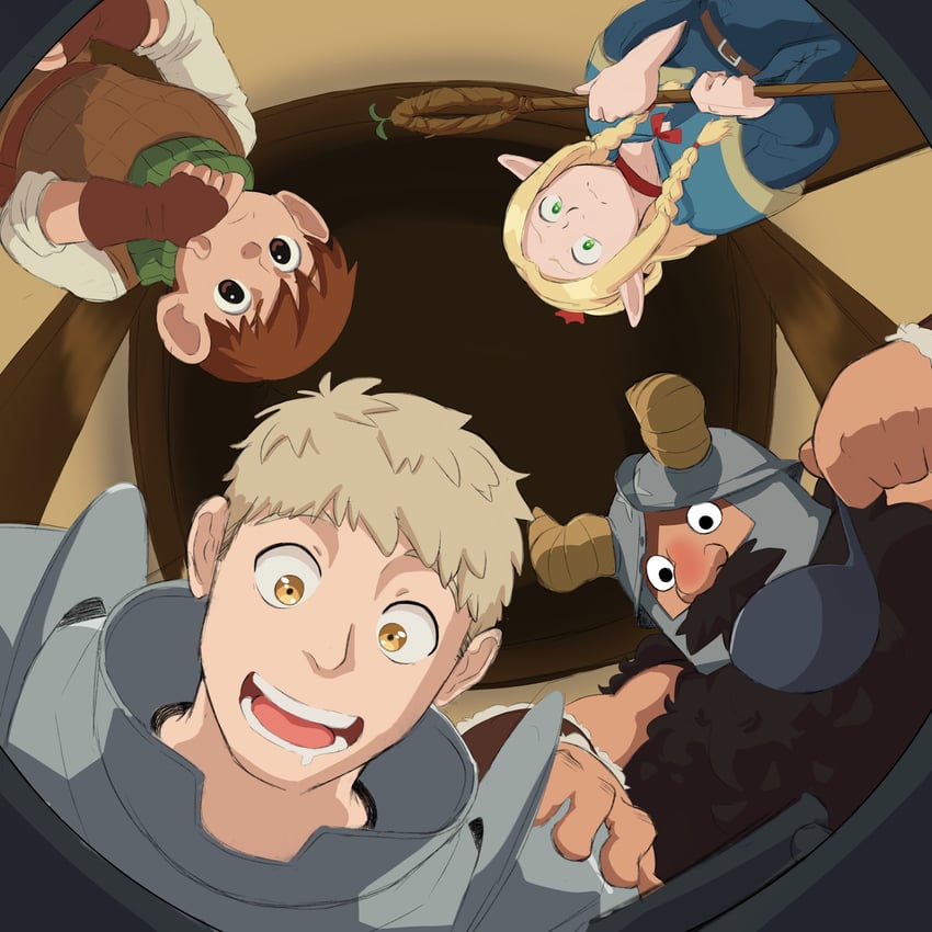 marcille donato, laios touden, senshi, and chilchuck tims (dungeon meshi) drawn by mrswirly