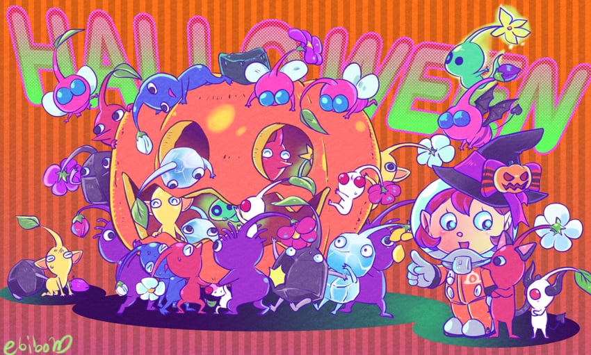 red pikmin, yellow pikmin, blue pikmin, purple pikmin, white pikmin, and 5 more (pikmin and 1 more) drawn by ebibom