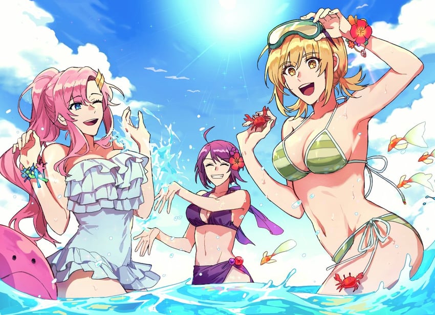 haro, cagalli yula athha, lacus clyne, and lunamaria hawke (gundam and 2 more) drawn by kkomcce