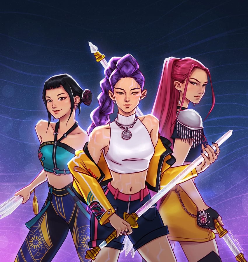 rumi, zoey, and mira (kpop demon hunters) drawn by trixdraws