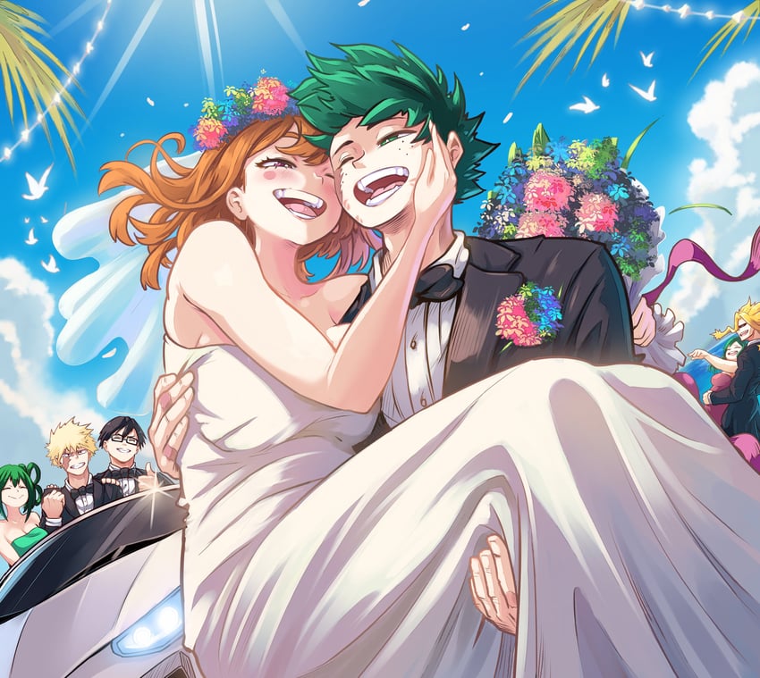 midoriya izuku, bakugou katsuki, uraraka ochaco, asui tsuyu, iida tenya, and 2 more (boku no hero academia) drawn by vlizz