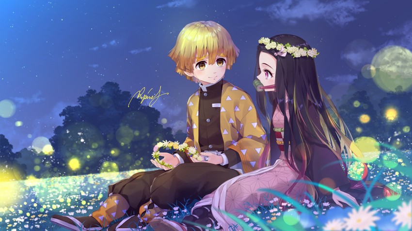 kamado nezuko and agatsuma zenitsu (kimetsu no yaiba) drawn by rupinesu