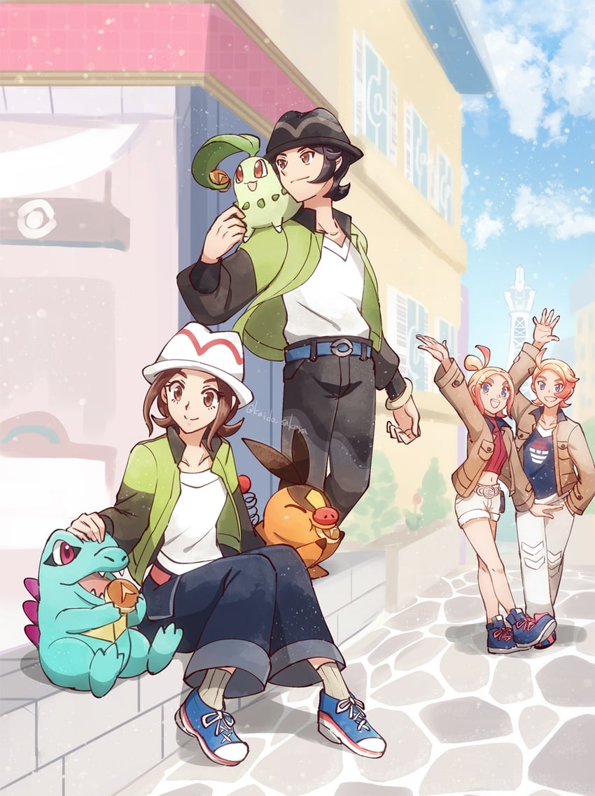 tepig, chikorita, totodile, taunie, harmony, and 2 more (pokemon and 1 more) drawn by kaidou_mitsuki