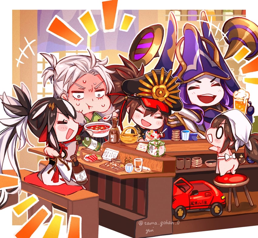 oda nobunaga, nagao kagetora, mini nobu, uesugi kenshin, oda kippoushi, and 2 more (fate and 1 more) drawn by yui_(tamagohan)