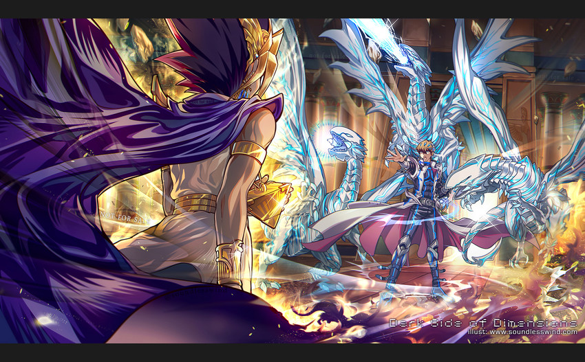 kaiba seto, yami yugi, blue-eyes white dragon, atem, and burst stream of destruction (yu-gi-oh! and 2 more) drawn by kaze-hime