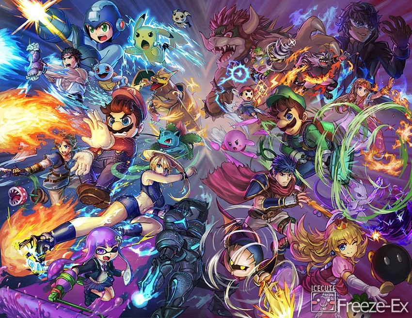 link, inkling player character, pikachu, princess zelda, inkling girl, and 25 more (pokemon and 19 more) drawn by freeze-ex