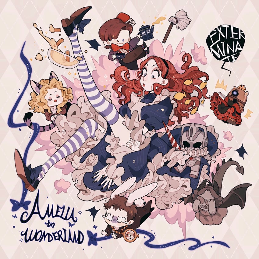alice, cheshire cat, the doctor, eleventh doctor, dalek, and 5 more (alice's adventures in wonderland and 1 more) drawn by juanmao