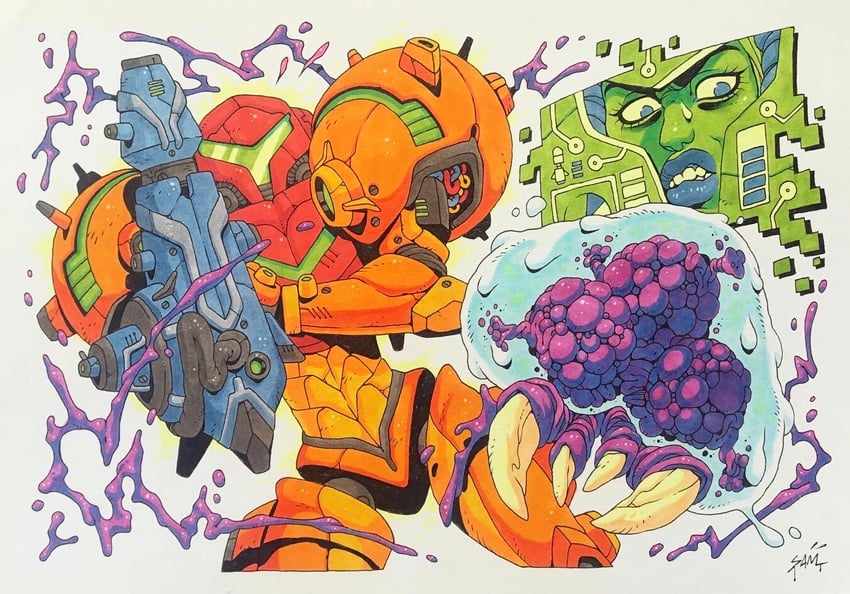 samus aran, metroid, and metroid larva (metroid) drawn by ohnosam
