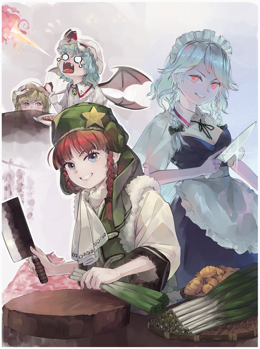 remilia scarlet, flandre scarlet, izayoi sakuya, and hong meiling (touhou) drawn by riki6