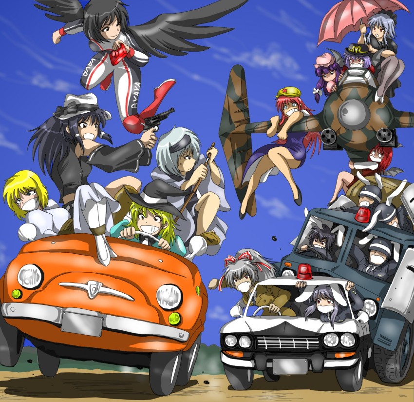 hakurei reimu, kirisame marisa, remilia scarlet, izayoi sakuya, konpaku youmu, and 11 more (touhou and 2 more) drawn by junkei