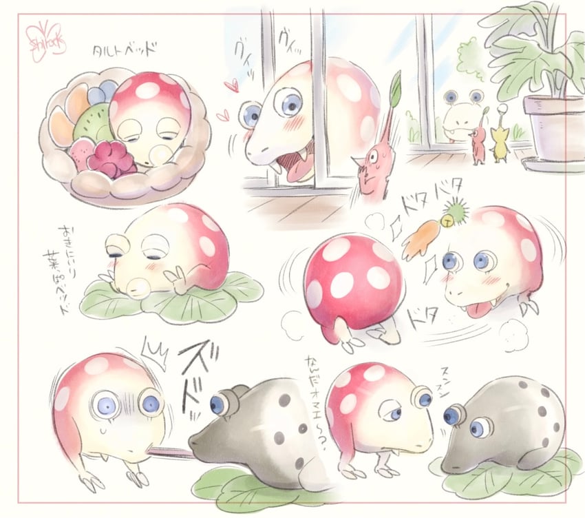 red pikmin, yellow pikmin, bulborb, and whiptongue bulborb (pikmin) drawn by dokumushi-rock