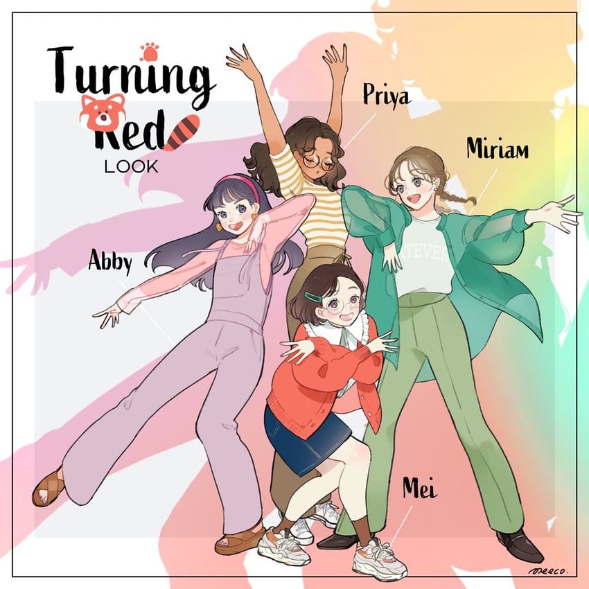 meilin lee, abby, priya, and miriam (turning red) drawn by meecosme