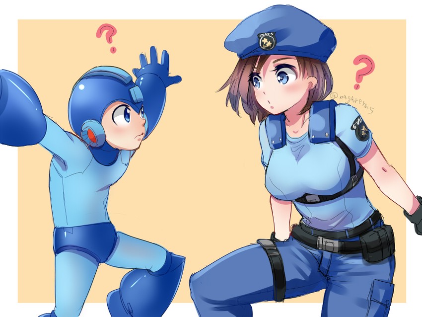 mega man and jill valentine (resident evil and 3 more) drawn by nagare