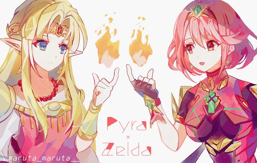 princess zelda and pyra (the legend of zelda and 2 more) drawn by maruta_maruta