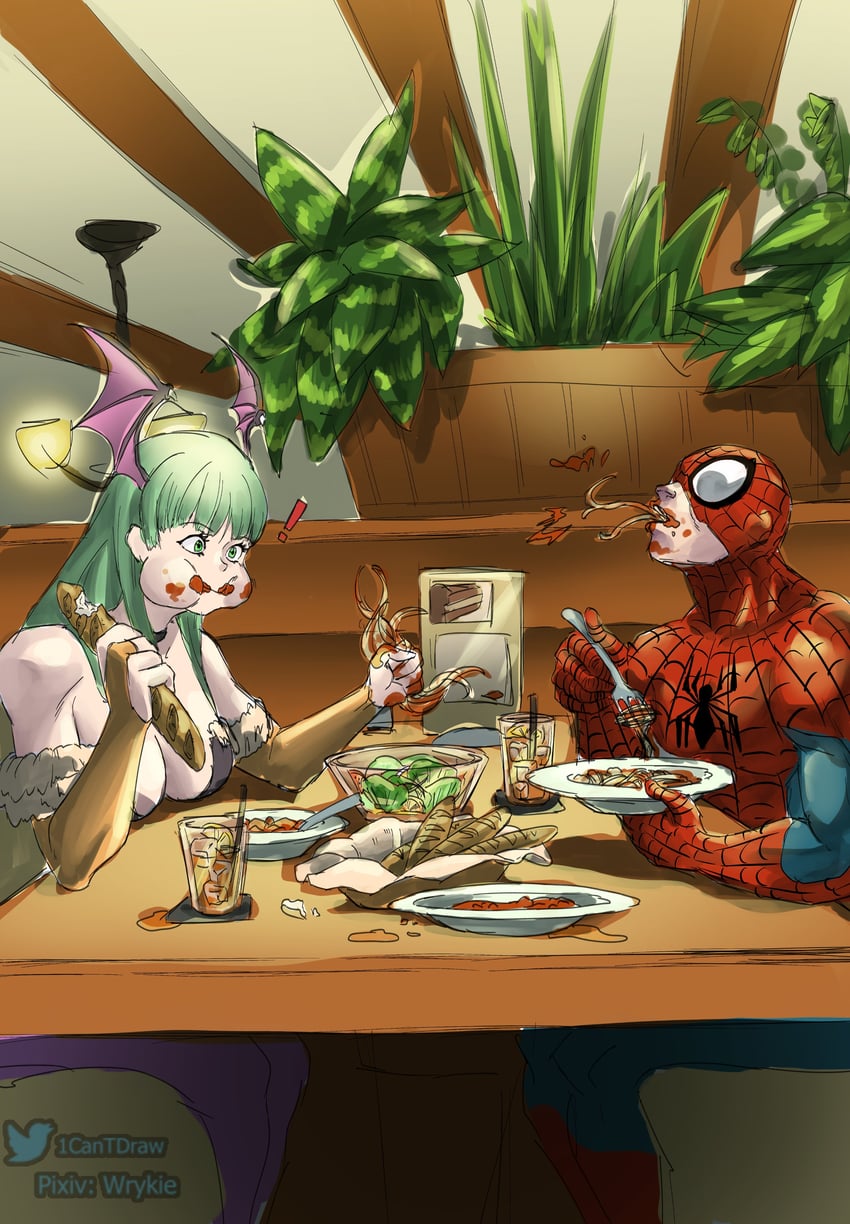 morrigan aensland and spider-man (marvel and 4 more) drawn by richard_park