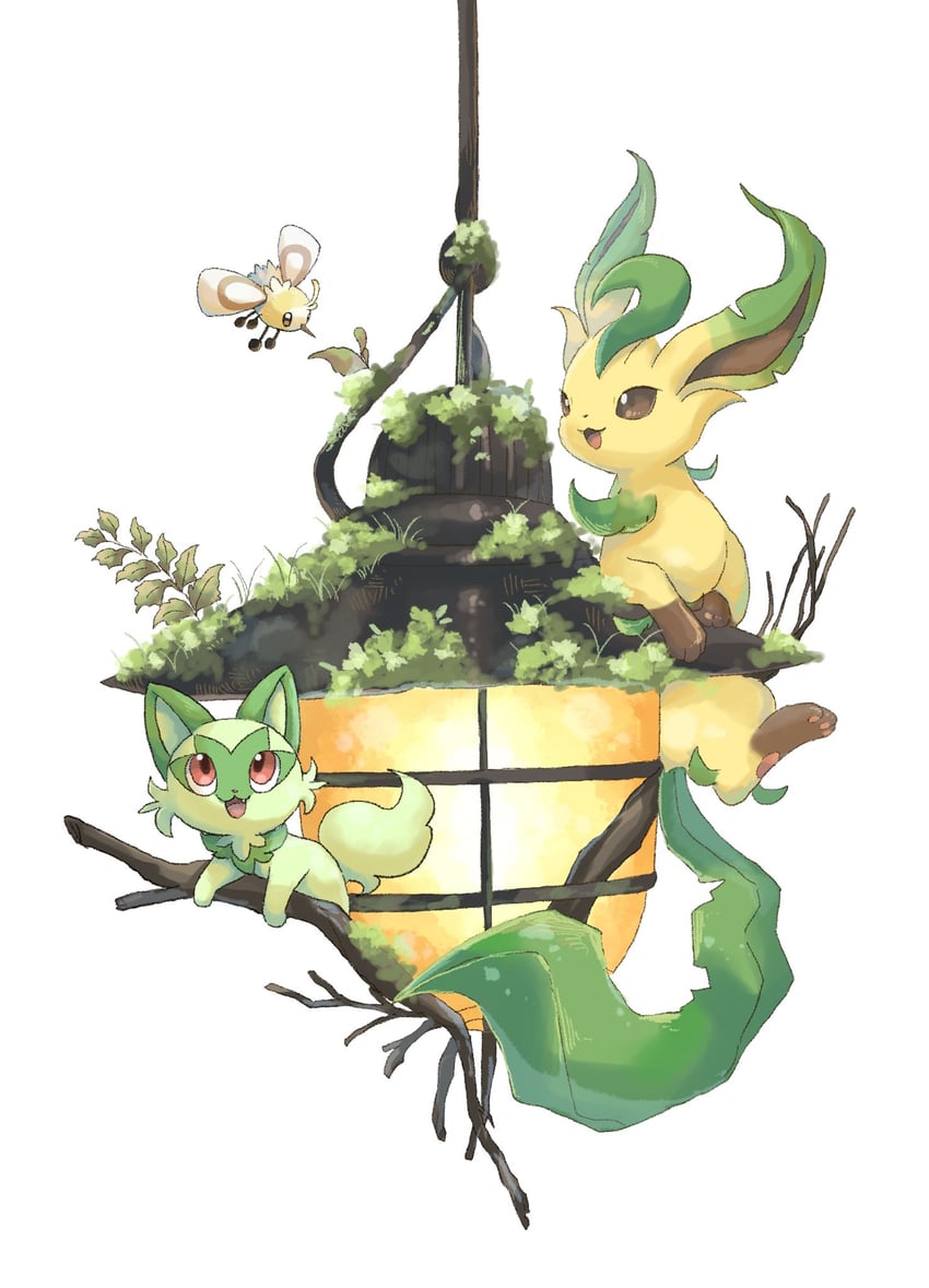 sprigatito, leafeon, and cutiefly (pokemon) drawn by volpecorvo