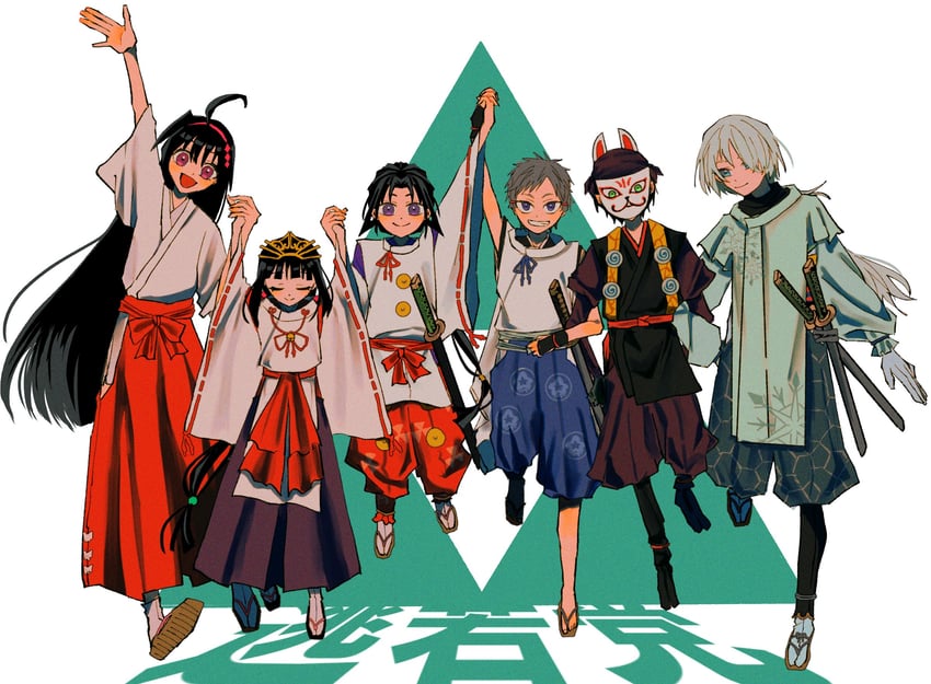 houjou tokiyuki, mochizuki ayako, shizuku, fubuki, kazama genba, and 1 more (nige jouzu no wakagimi) drawn by neg_i_asa