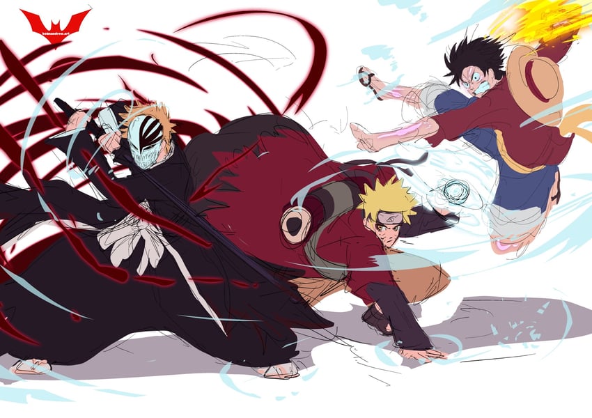 monkey d. luffy, uzumaki naruto, and kurosaki ichigo (one piece and 4 more) drawn by batm_andrew