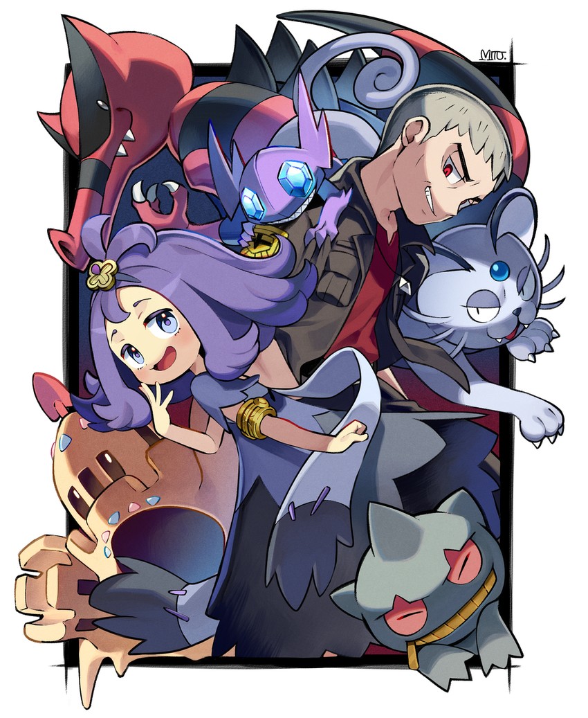 acerola, banette, sableye, nanu, krookodile, and 2 more (pokemon and 1 more) drawn by mitsu_(mitu_328)